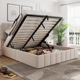Merax Gas Lift Up Storage Platform Bed, Upholstered Bed Frame with Hydraulic Storage System and Wooden Slat Support, Queen Size, Beige Merax