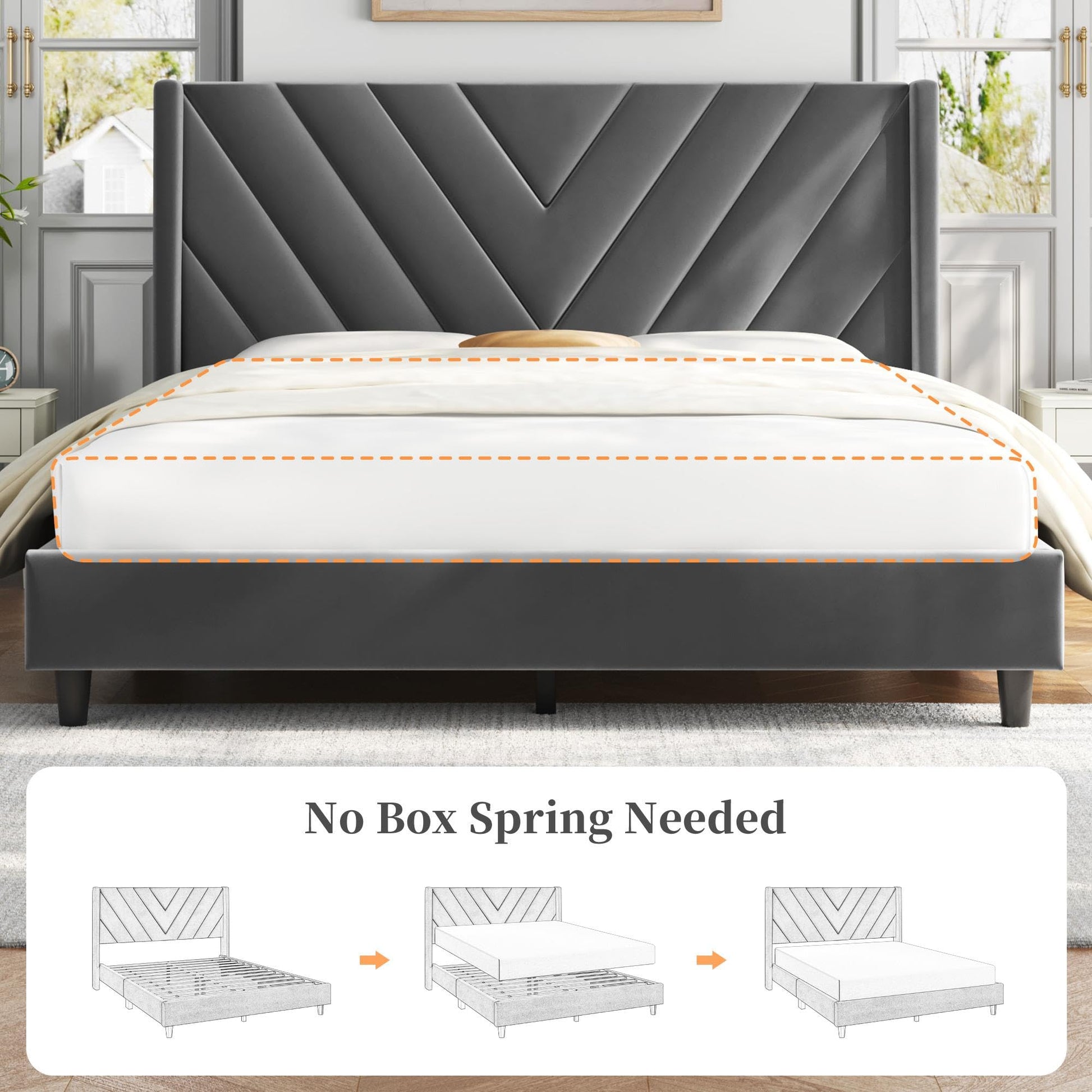 Upholstered Full Bed Frame with Winged Tufted Headboard in Dark Gray by Yaheetech - WoodArtSupply