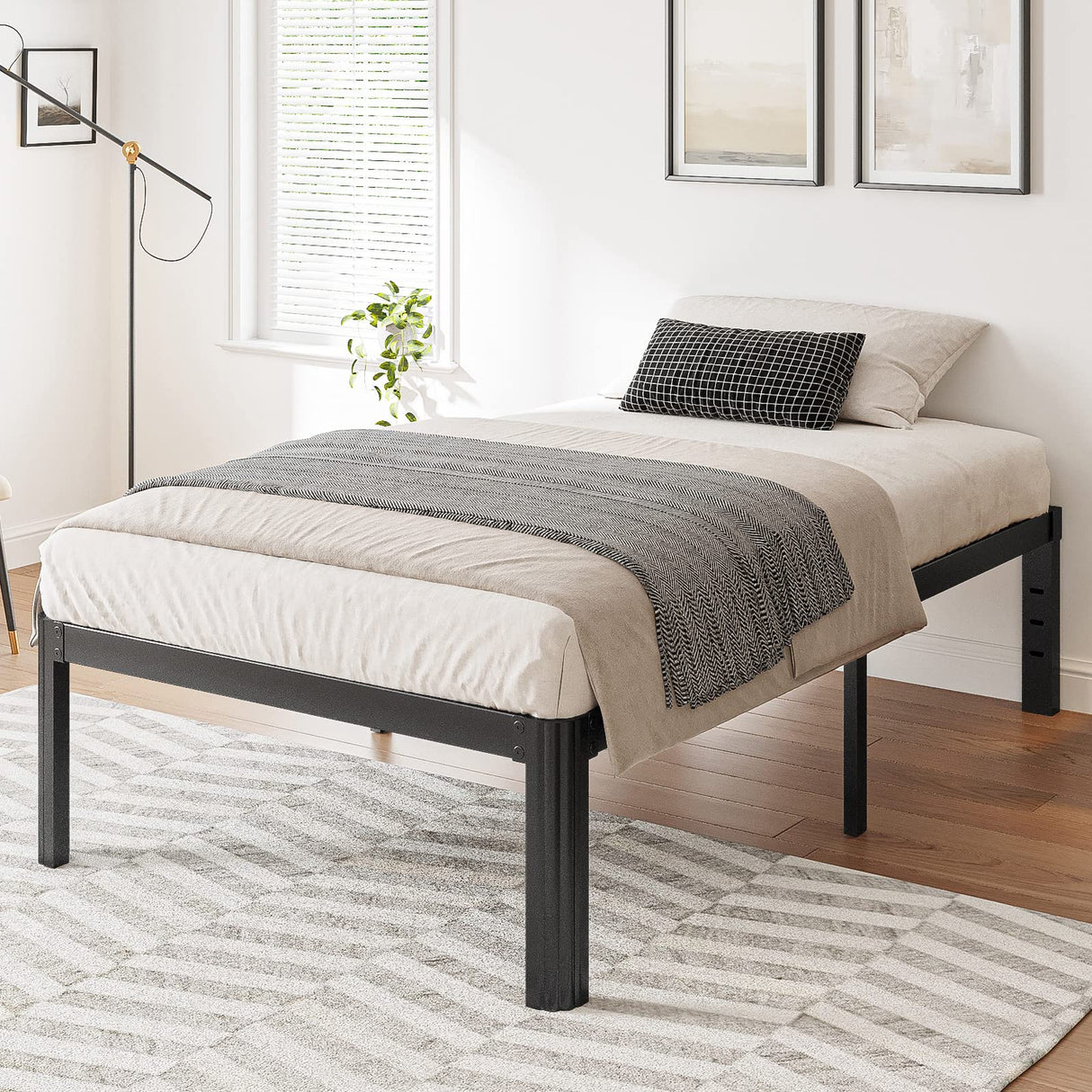 Hunlostten 14in Heavy Duty Twin Bed Frame No Box Spring Needed, Metal Platform Bed Frame Twin with Round Corners, Easy Assembly, Noise Free, Black Hunlostten