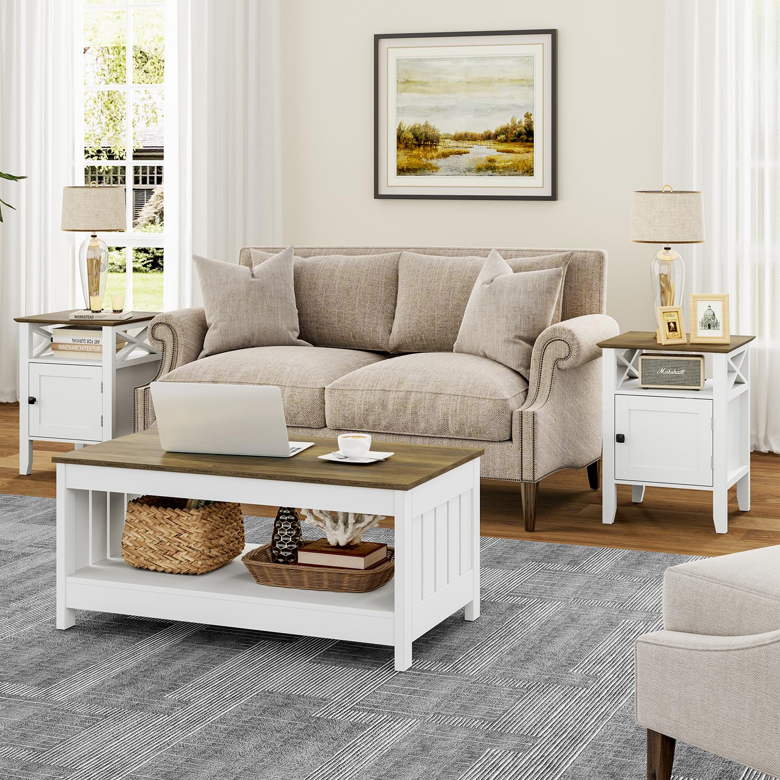 Coffee Tables for Living Room, Modern Coffee Table,21.65" D x 39.7" W x 17.72" H Farmhouse Coffee Table with Storage,Wood Cocktail Table,Small Center Table,White &Farmhouse Brown - WoodArtSupply