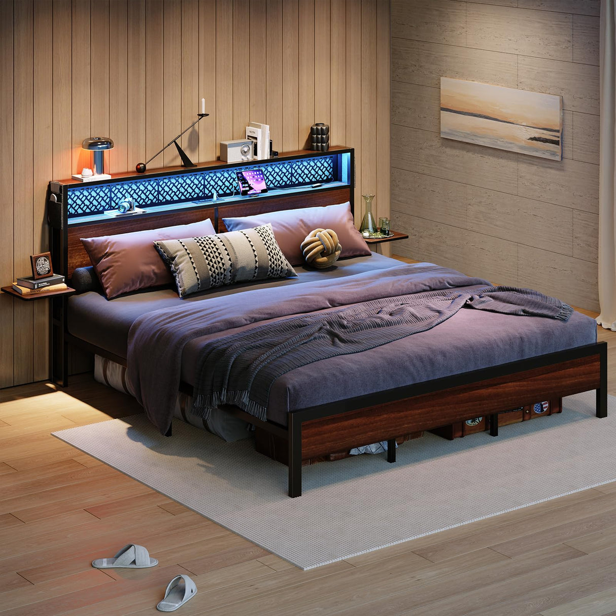 Bestier Walnut Queen Size Bed Frame with Headboard, Folding Bedside Shelves, Charging Station & LED Light Bestier