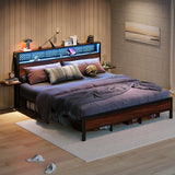 Bestier Walnut Queen Size Bed Frame with Headboard, Folding Bedside Shelves, Charging Station & LED Light Bestier