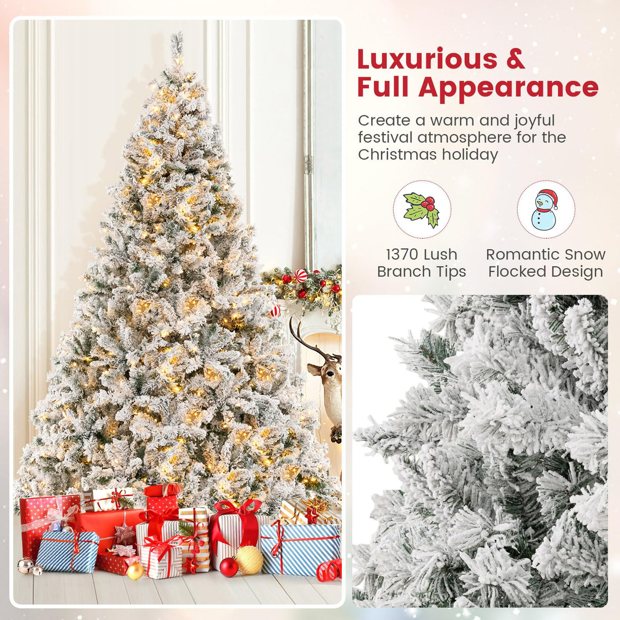 Goplus 3-Minute-Setup Pre-Lit Snow Flocked Christmas Tree, 8ft Artificial Hinged Xmas Tree with 600 Warm-White LED Lights, 1370 Branch Tips, Upgraded Metal Stand, for Office Home Holiday Decor Goplus