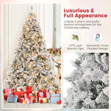 Goplus 3-Minute-Setup Pre-Lit Snow Flocked Christmas Tree, 8ft Artificial Hinged Xmas Tree with 600 Warm-White LED Lights, 1370 Branch Tips, Upgraded Metal Stand, for Office Home Holiday Decor Goplus