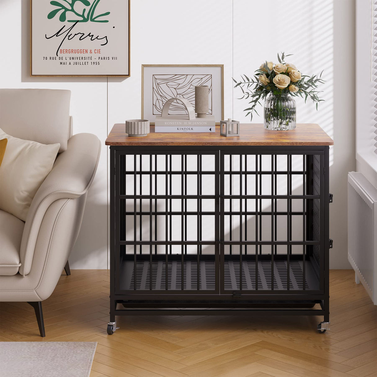 BOINN 42 inch Extra Large Dog Crate Furniture with Removable Trays, 3 Doors, 4 Wheels & 5 Locks - for Medium and Large Dogs BOINN