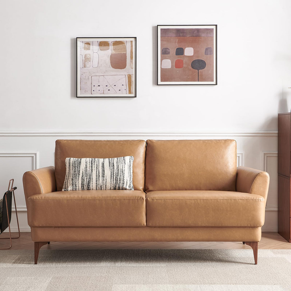 Atopston 63" Faux Leather Loveseat Sofa, Mid-Century Modern Decor 2 Seater Love Seat Couches, Comfy Armrest Small Couch with Wood Grain Legs for Living Room Apartment, Tan Leather Atopston