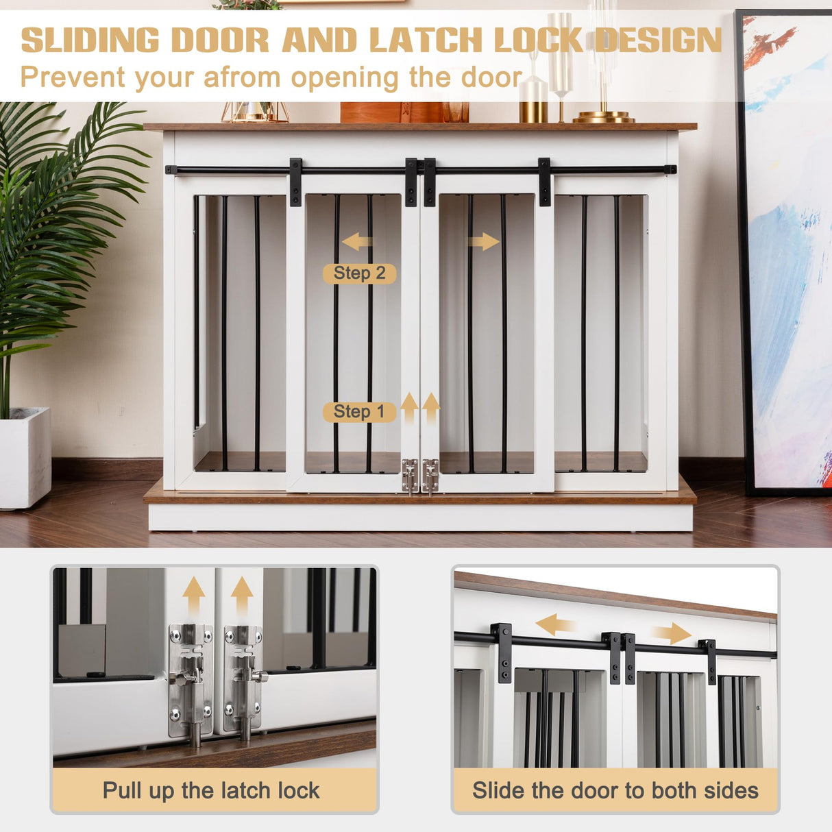 Sunseen Dog Crate Furniture with Divider,Wooden Dog Kennel End Table,Large Breed Dog House Indoor for One Large Dog or Two Small Dogs,Double Doors,47''W*24''D*35''H,White sunseen