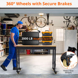 60"x 22" Workbench for Garage, Rolling Heavy-Duty Worktable with Power Outlet and Lockable Wheels, Adjustable Height Rubber Wood Top Shop Table for Workshop, 2000LBS Load Capacity ElfinAura