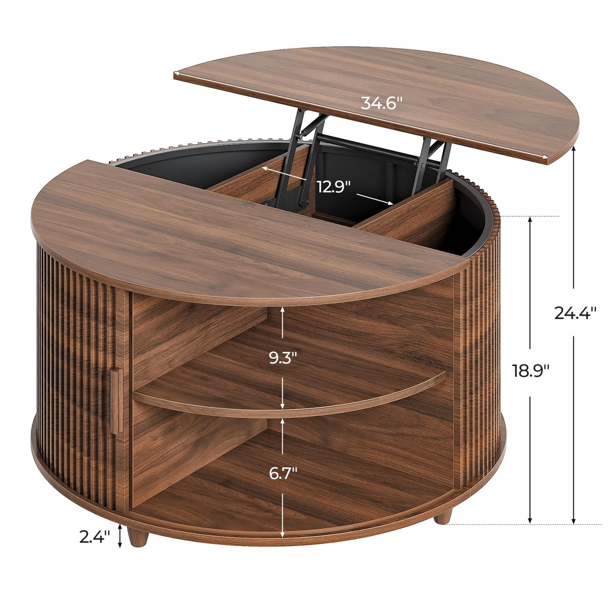 Round Lift Top Coffee Table, 34.6" Modern Coffee Table with 180° Curved Sliding Door, Fluted Accent Coffee Tables with Hidden Storage and Open Shelves, for Living Room, Office, Walnut Sikaic