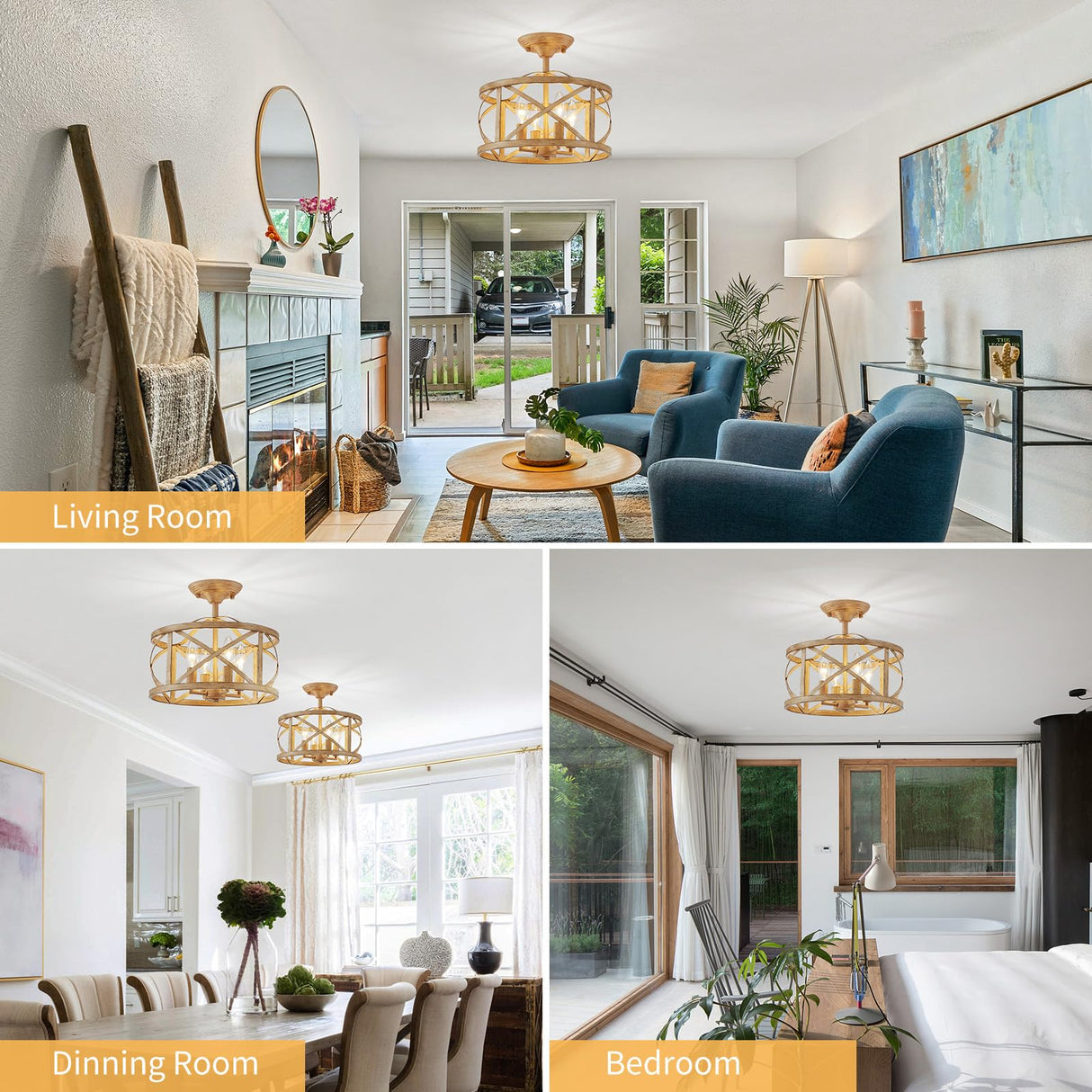 Semi Flush Mount Ceiling Light Fixture Vintage Ceiling Light Farmhouse Ceiling Light Metal Cage Ceiling Lamp for Kitchen Dining Room Hallwa Bedroom Living Room (Beige) LOOYD