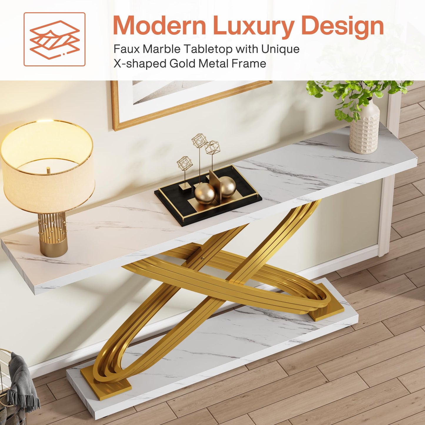 Tribesigns 55 Inch Modern Console Table, Faux Marble Gold Entryway Table Behind Sofa Couch, Narrow Rectangular Sofa Table for Living Room, Bedroom, Front Hall, Hallway, Gold & White - WoodArtSupply