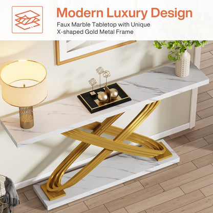 Tribesigns 55 Inch Modern Console Table, Faux Marble Gold Entryway Table Behind Sofa Couch, Narrow Rectangular Sofa Table for Living Room, Bedroom, Front Hall, Hallway, Gold & White - WoodArtSupply