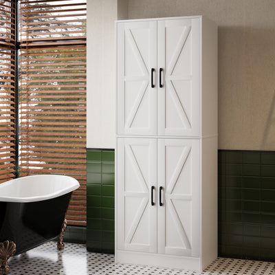 IANUE Farmhouse Storage Cabinet - Pantry with 4 Doors, Tall Kitchen Pantry with Adjustable Shelves, Organizer, White Storage Cabinet for Kitchen Dining Room Bathroom