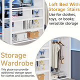 Duxelifin Queen Size Loft Bed with Staircase, Metal Loft Beds with Storage Shelves & Wardrobe, High Lofted Bed Frame, Loft Tall Bed for Boys Girls and Teens, No Box Spring Needed (White) Duxelifin