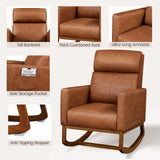 Yaheetech Leather Living Room Chair, Rocking Accent Chair, Modern Nursery Glider Chair with High Back and Side Pocket, Accent Rocker Armchair with Wood Legs for Living Room Bedroom Study, Brown Yaheetech