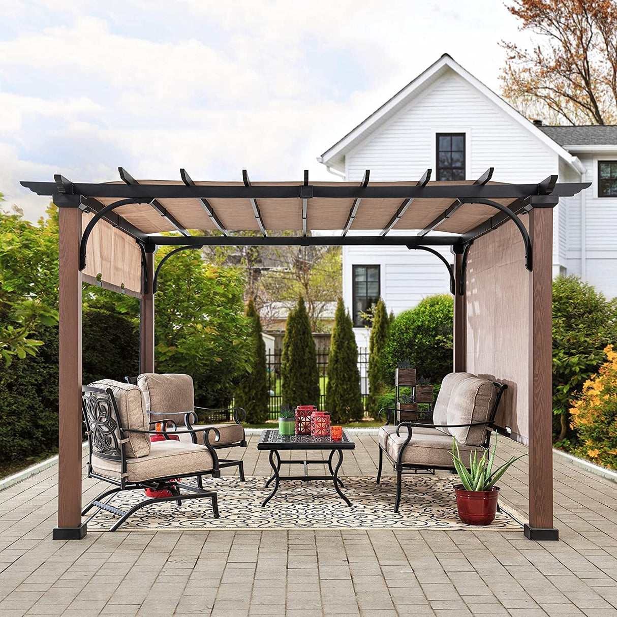 Sunjoy Outdoor Pergola 11 x 11 ft. Black Steel Pergolas with Retractable Tan Sun Shade Canopy for Patio, Backyard, Garden Activities by SummerCove Sunjoy