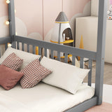 jurmiture Full Size Canopy Frame Floor Bed with Fence for Kids, Montessori Floor Bed with Guardrails, Wood Canopy Bed Frame for Girls, Boys, Grey jurmiture