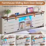 VIAGDO Wooden Bed Frame Queen Size with Bookcase Headboard and Sliding Barn Door, Farmhouse Queen Bed Frame with Charging Station, LED Lights and 4 Storage Drawers, No Box Spring Needed, White VIAGDO