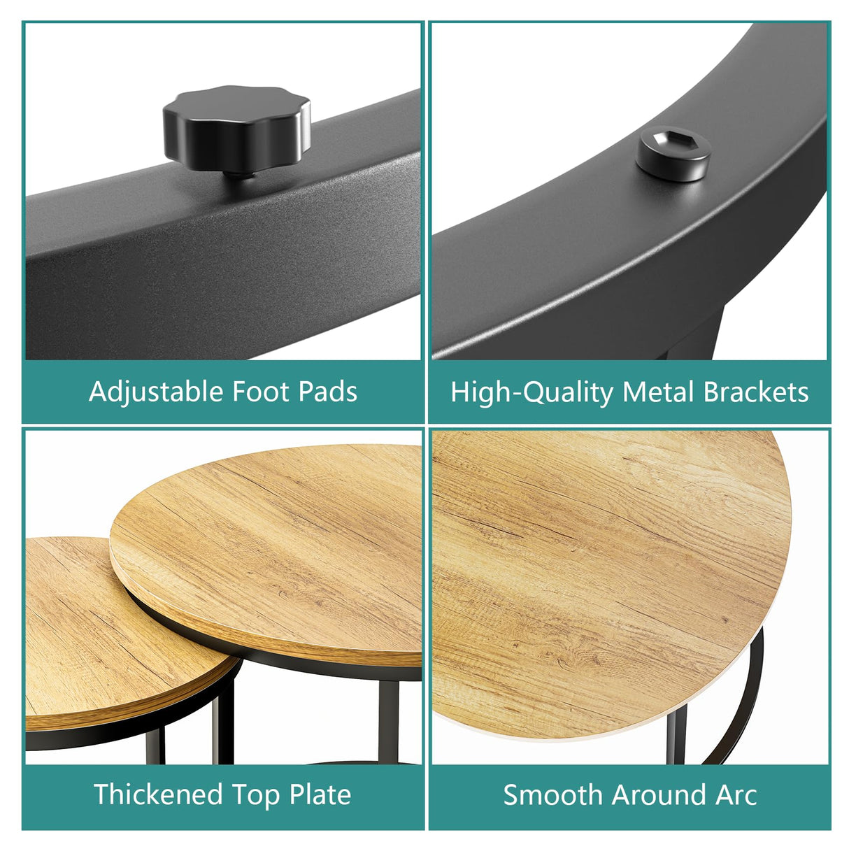 Smuxee Nesting Coffee Table Set of 2, 23.6" Round Coffee Table Brown Wood with Adjustable Non-Slip Feet, Industrial End Table Side Tables for Living Room Bedroom Balcony Yard Smuxee