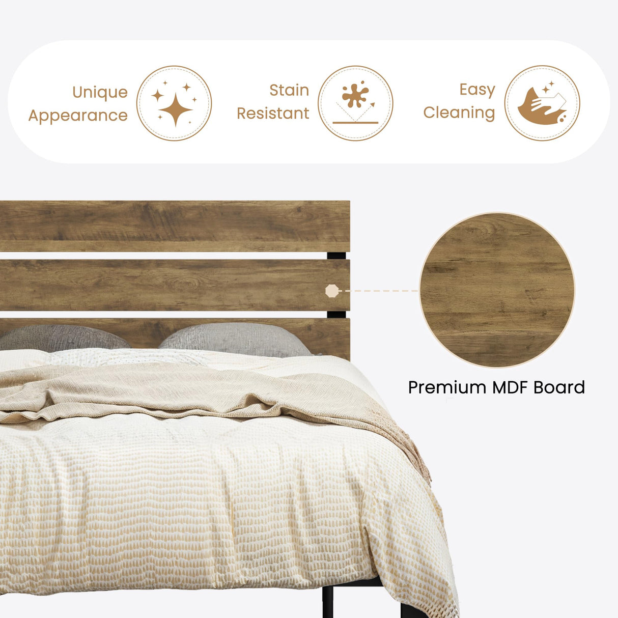 SHA CERLIN Twin Size Bed Frame with Rustic Wooden Headboard,3 Boards Design, Heavy Duty Metal Slats Support Platform, No Box Spring Needed, Light Brown SHA CERLIN