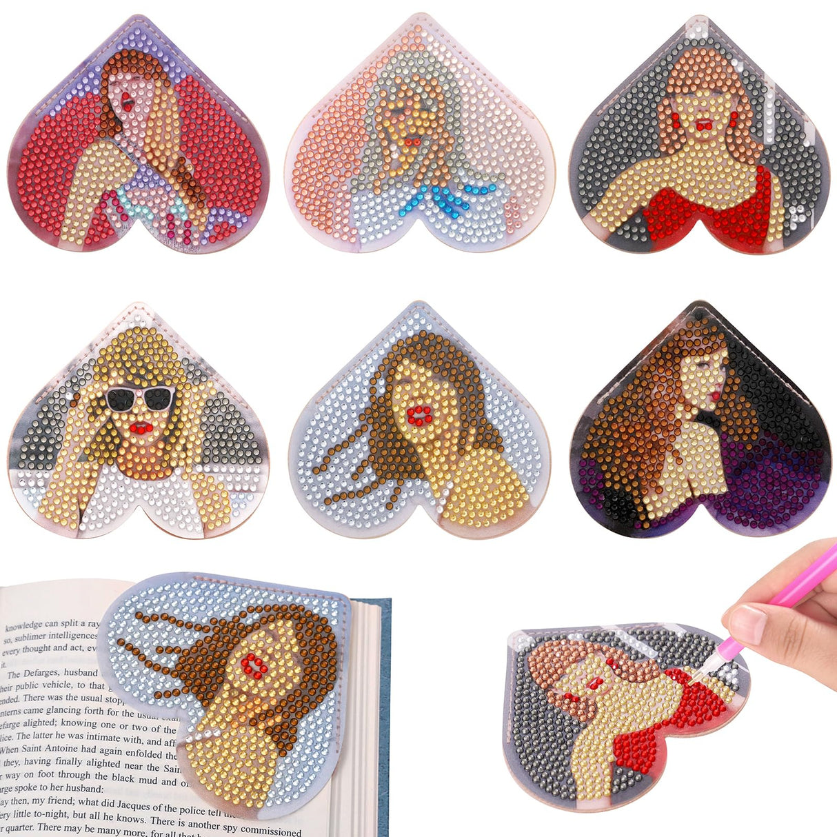 6 Pcs Diamond Art Bookmarks, Leather Heart Cute Bookmark,DIY Diamond Painting Bookmarks Gifts for Women and Girls, Diamond Art Kits for Adults Crafts(Singers) stnckic