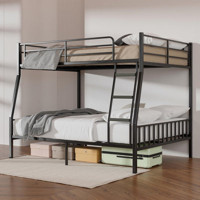 Miscoos Full XL Over Queen Metal Bunk Bed, Heavy-Duty Bed Frame with EVA Rubber Cover Ladder & Safety Guardrails, Space-Saving Sturdy Queen Bunk Bed for Adults & Teens, Black