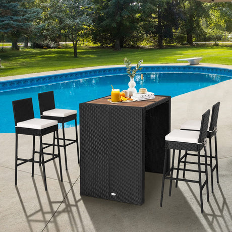 Tangkula 5-Piece Off White Outdoor Wicker Bar Set with Acacia Wood Table and Cushioned Stools Tangkula