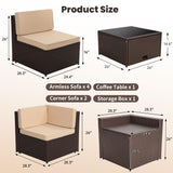 KROFEM 8 Pieces Outdoor Wicker Rattan Patio Furniture Sectional Set, Glass Top Table with Hidden Storage, 7 Sofa Sections, Oversized Cushions, Brown Color Rattan with Beige Cushion KROFEM
