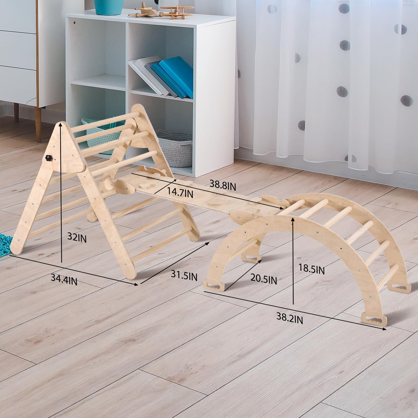 Agiyimi 4 in 1 Pikler Triangle Climber, Foldable Wooden Triangle Ladder Montessori Climbing Toys with Ramp Arch Climber Rocker Indoor Outdoor Gym Playground Climbing Toys for Toddlers(Natural)