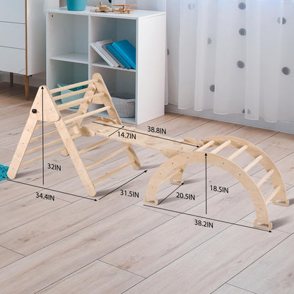 Agiyimi 4 in 1 Pikler Triangle Climber, Foldable Wooden Triangle Ladder Montessori Climbing Toys with Ramp Arch Climber Rocker Indoor Outdoor Gym Playground Climbing Toys for Toddlers(Natural)