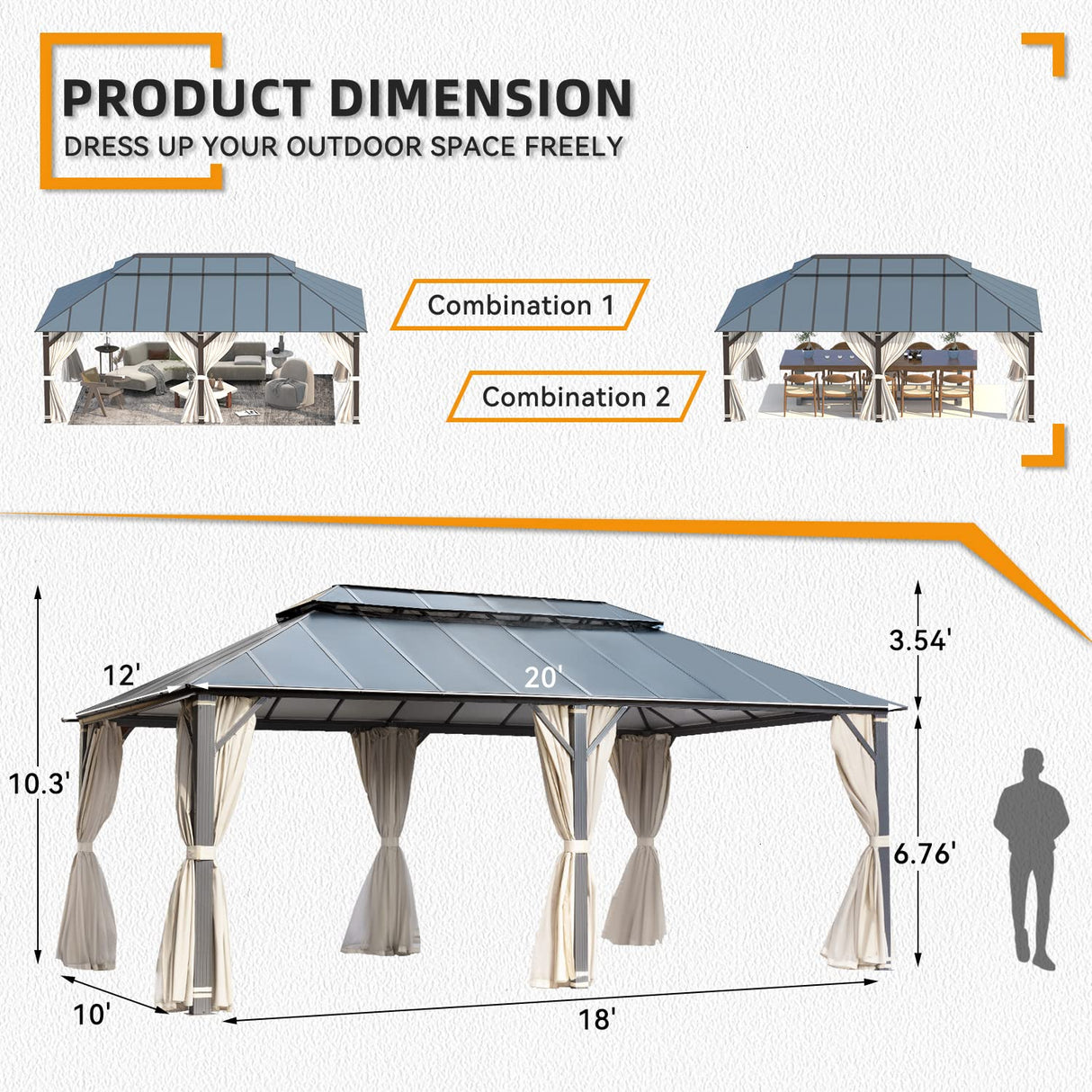 EROMMY 12' x 20' Gazebo Outdoor Double Roof Aluminum Composite Canopy Aluminum Frame Pavilion with Curtains and Netting for Patio Lawn Garden Backyard EROMMY