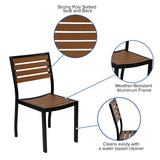 Merrick Lane Calle Patio Dining Set - Five Piece Set - Synthetic Teak Poly Slats - 30" x 48" Steel Framed Table with Umbrella Hole - 4 Club Chairs Merrick Lane