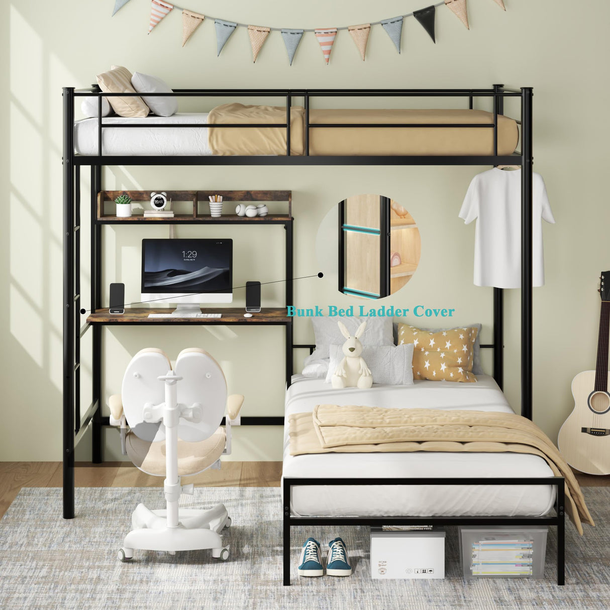 Bellemave Twin Over Twin bunk Bed with Desk, loft Bed with Desk and Shelves, Twin Over Twin Metal Bunk Beds with Charging Station, Black Bellemave