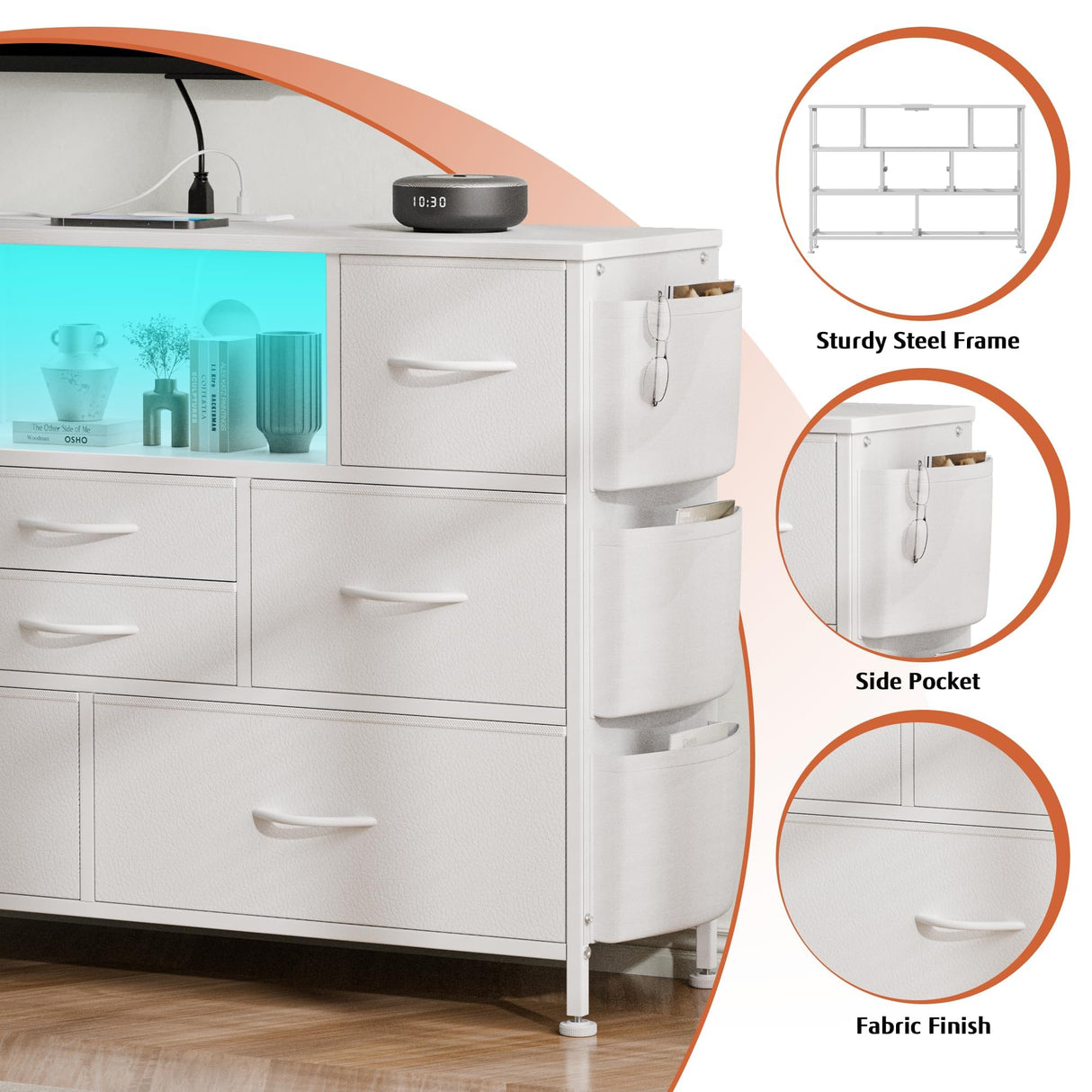 YaFiti Dresser for Bedroom with 8 Drawers, Dresser TV Stand with LED Lights, Fabric Chest of Drawers with Side Pocket for Living Room, Entryway, Bedroom Furniture (White) YaFiti