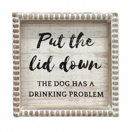 Please Close the Lid the Dog Has A Drinking Problem Funny Bathroom Signs, 6.3" White Decorative Plaque Dog Home Rustic Farmhouse Bathroom Shleves Decor, Wooden Framed Small House Decorations Fenisam