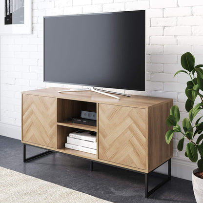 Nathan James Dylan Media Console Cabinet or TV Stand with Doors for Hidden Storage in a Natural Reclaimed Herringbone Wood Pattern and Metal, Oak/Matte Black - WoodArtSupply