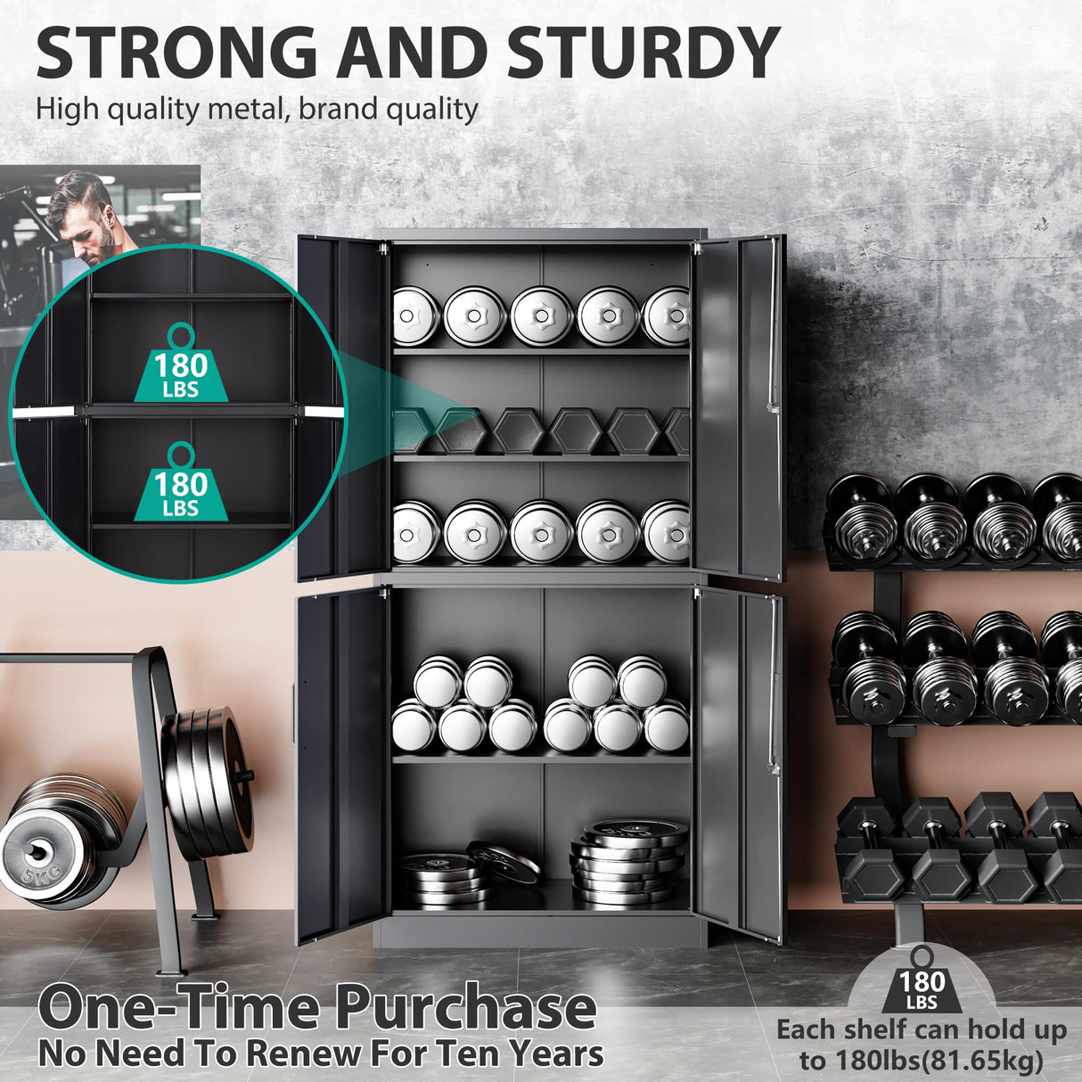 Metal Storage Cabinet with 3 Adjustable Shelves,Garage Storage Cabinet with Lock,Black Metal Cabinet with Locking Doors,Steel Cabinet 4 Doors,71" Lockable Storage Cabinet for Garage,Home,Office SISESOL