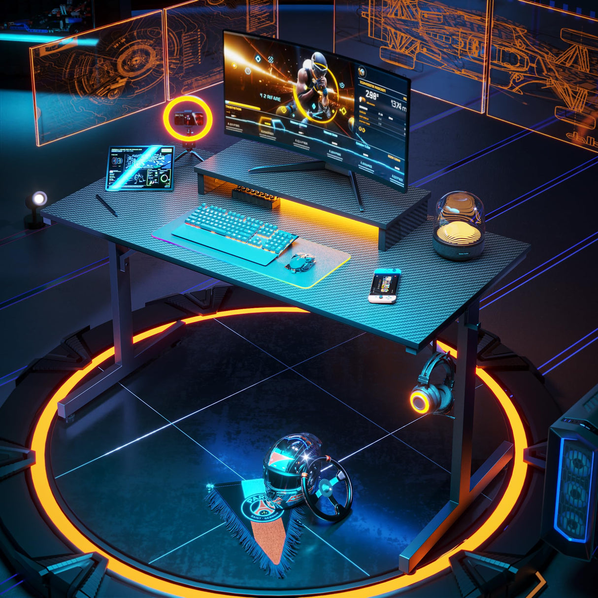 Bestier Small Gaming Desk with Monitor Stand, 42 inch LED Computer Desk, Gamer Desk with Cup Holder & Headset Hooks, Modern Simple Style Desk for Home Office PS5 Small Spaces, Carbon Fiber Black Bestier