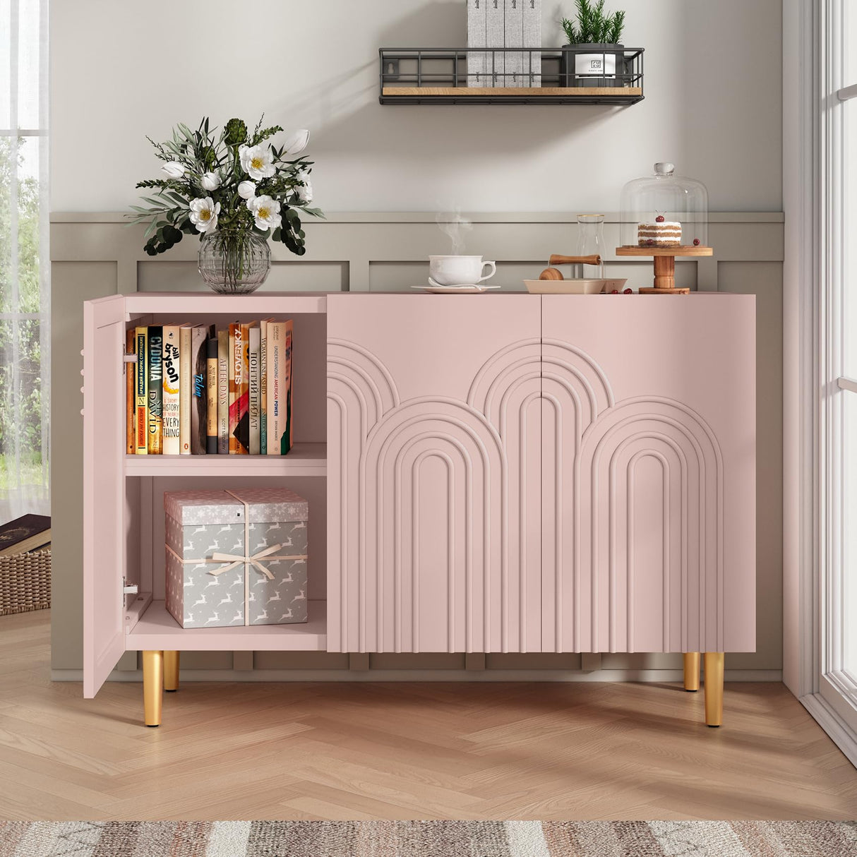ARTPOWER 47" Accent Cabinet with Cloud Relief, Sideboard Buffet Cabinet with 3 Doors,Modern Buffet Cabinet,Credenza Storage Cabinet for Living Room, Kitchen, Dining Room, Hallway, Entryway, Pink ARTPOWER