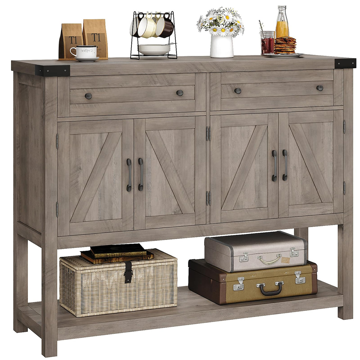 HOSTACK Buffet Sideboard Cabinet with Storage, 47.2" Modern Farmhouse Coffee Bar with 2 Drawers, Barn Doors Console Table with Shelf for Kitchen, Dining Room, Living Room, Entryway (Ash Grey) HOSTACK