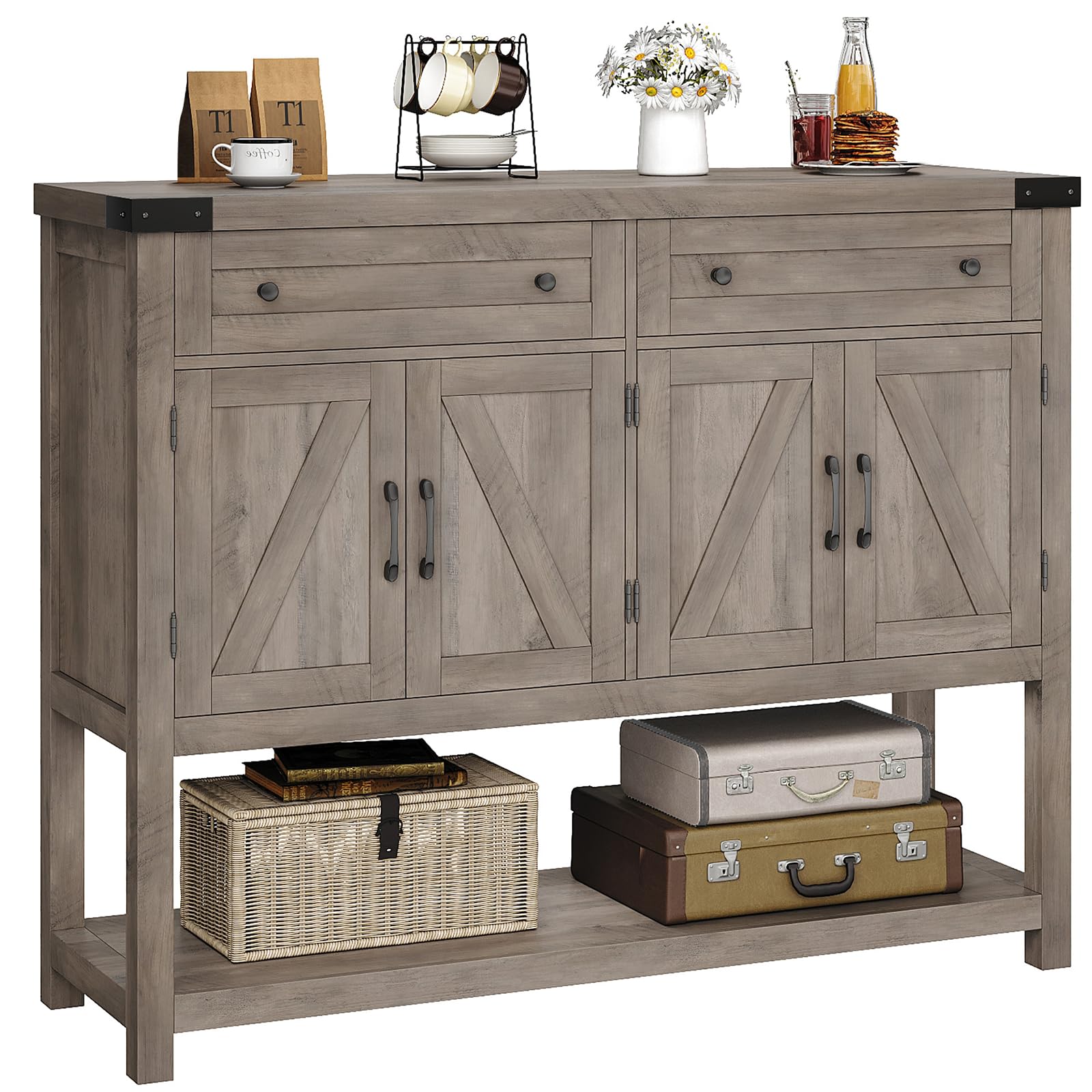 HOSTACK Buffet Sideboard Cabinet with Storage, 47.2" Modern Farmhouse Coffee Bar with 2 Drawers, Barn Doors Console Table with Shelf for Kitchen, Dining Room, Living Room, Entryway (Ash Grey) - WoodArtSupply