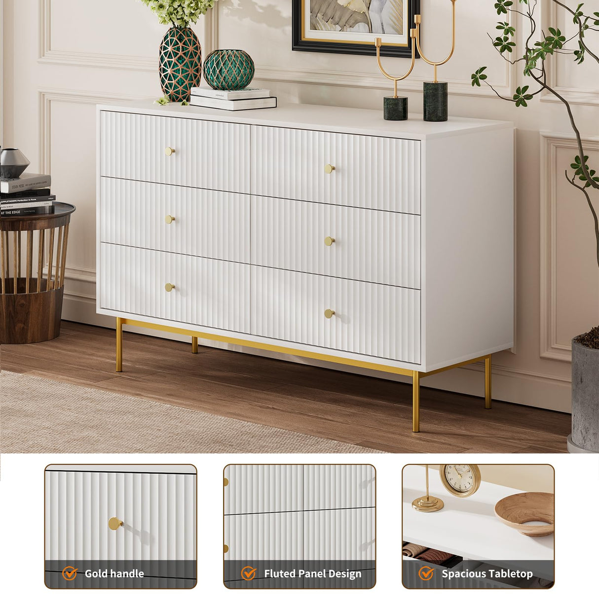 MAISONARIA 6 Drawer Double Dresser for Bedroom, White Dresser with Gold Handles, White 6 Drawer Dresser with Fluted Panels, Modern Wood Dresser Chest for Bedroom MAISONARIA