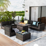 GREZJXC 8 Pieces Outdoor Sectional Patio Furniture Set with Fire Pit Table,PE Rattan Wicker Patio Sectional Conversation Set with Cushions and Glass Coffee Table Black GREZJXC