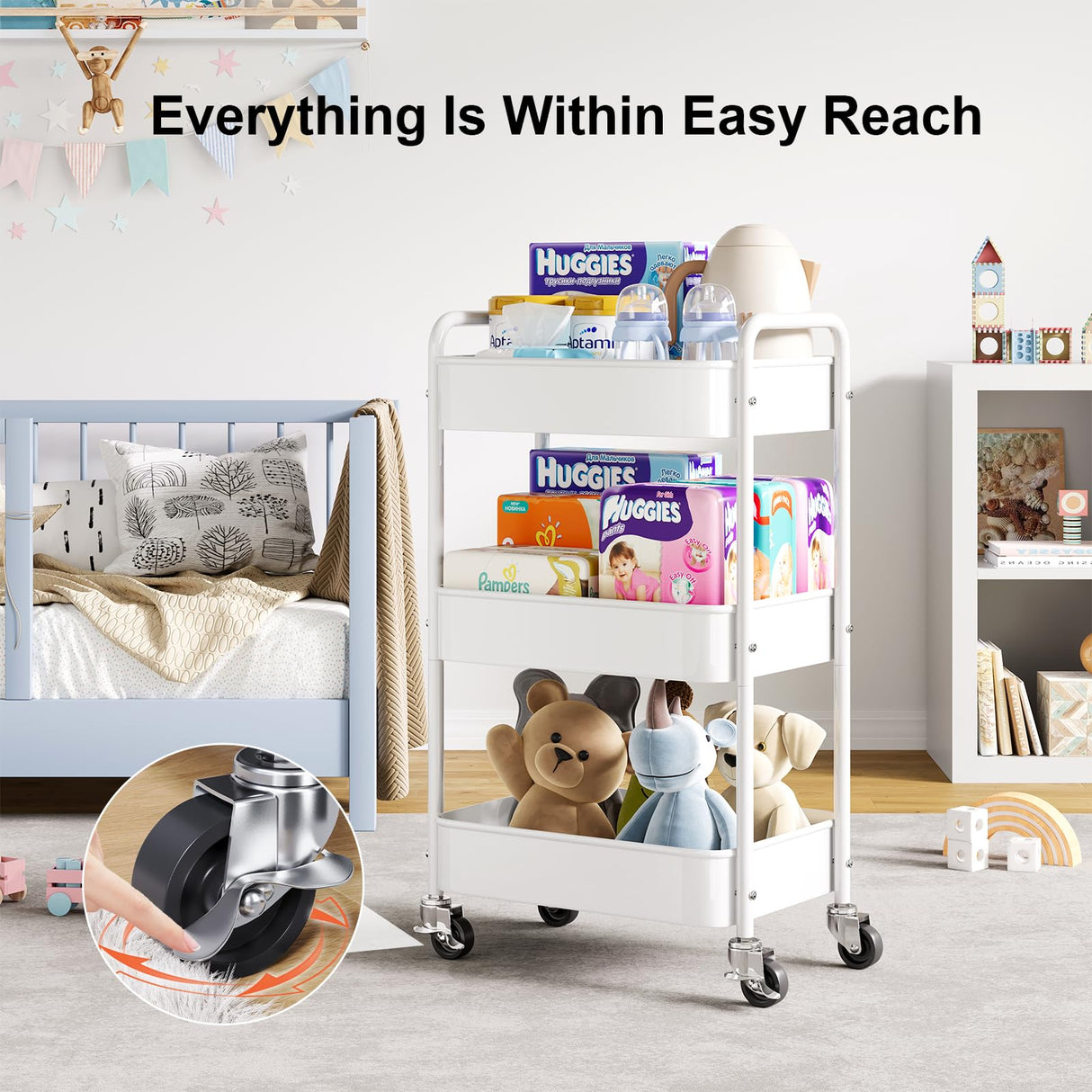 3 Tier Rolling Cart Metal, White Utility Cart with Lockable Wheels, Mesh Rolling Storage Cart Organizer on Wheels, Three Tiered Craft Cart for Kitchen, Bathroom, Office,Laundry Room, Art, Baby Diaper WBKATN