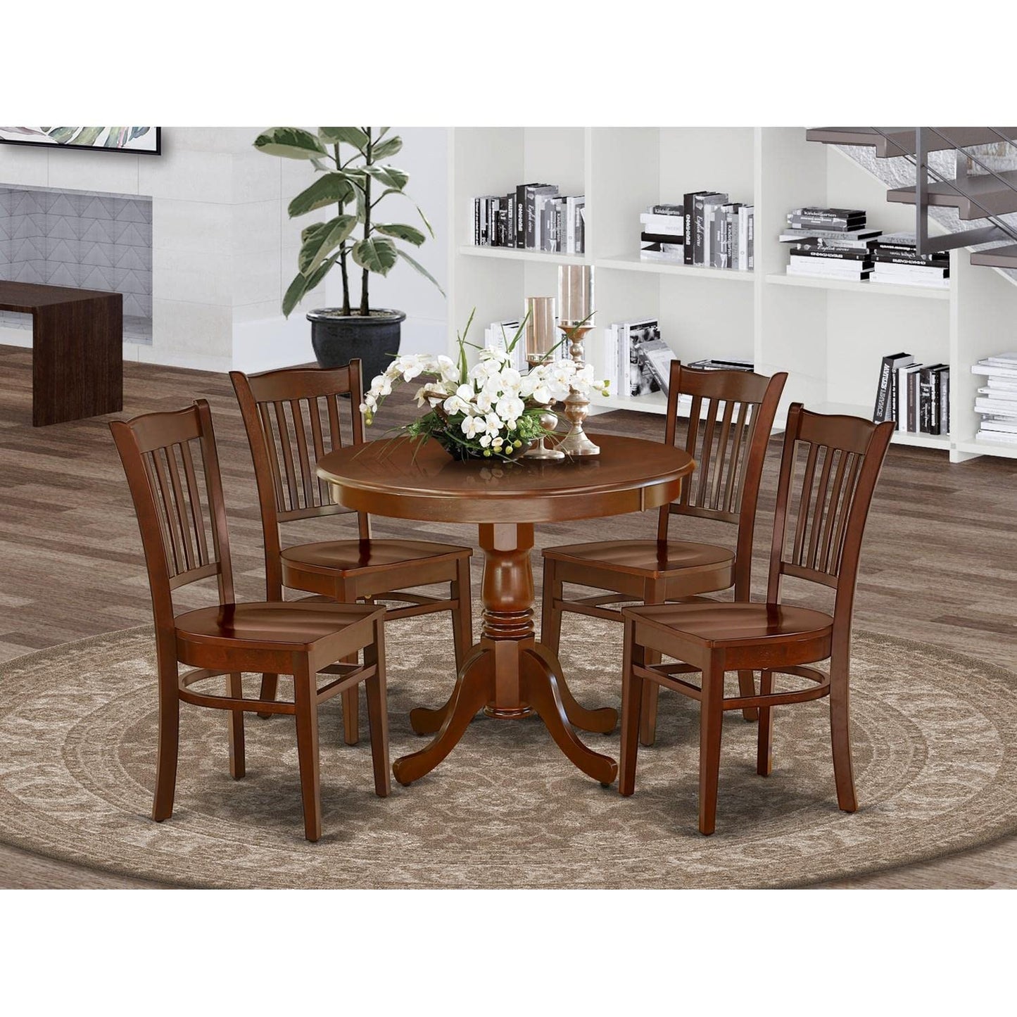 East West Furniture ANGR5-MAH-W 5 Piece Room Set Includes a Round Kitchen Table with Pedestal and 4 Dining Chairs, 36x36 Inch - WoodArtSupply