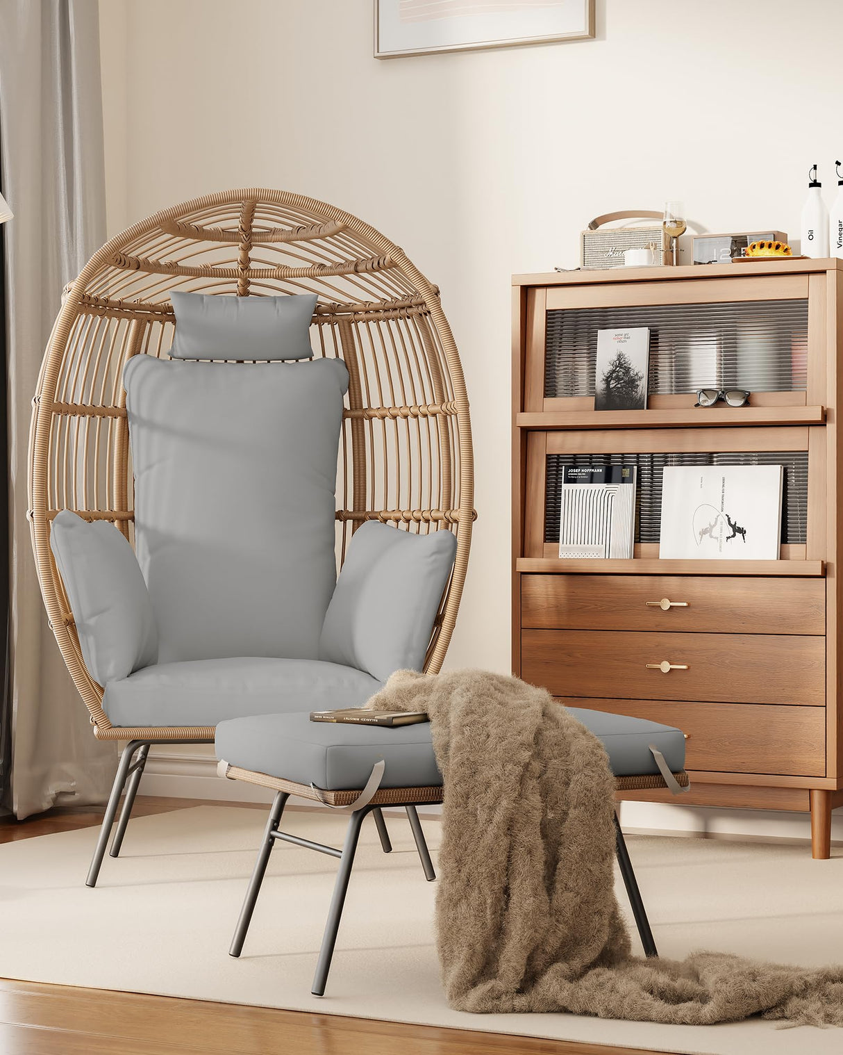 Oversize Wicker Egg Chair with 4 Comfy Cushions, Big Egg Shaped Lounger with Ottoman, Rattan Reading Chairs for Indoor Outdoor Patio Porch Backyard, Grey GAOMON