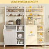 DWVO White Bakers Rack with Trash Can Bin Cabinet and Power Outlet, Microwave Stand Cabinet with 6 Hooks, 6-Tiers Farmhouse Kitchen Tall Thickened Coffee Bar Table Station with Storage Shelf DWVO