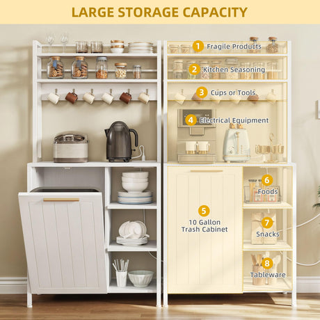 DWVO White Bakers Rack with Trash Can Bin Cabinet and Power Outlet, Microwave Stand Cabinet with 6 Hooks, 6-Tiers Farmhouse Kitchen Tall Thickened Coffee Bar Table Station with Storage Shelf DWVO