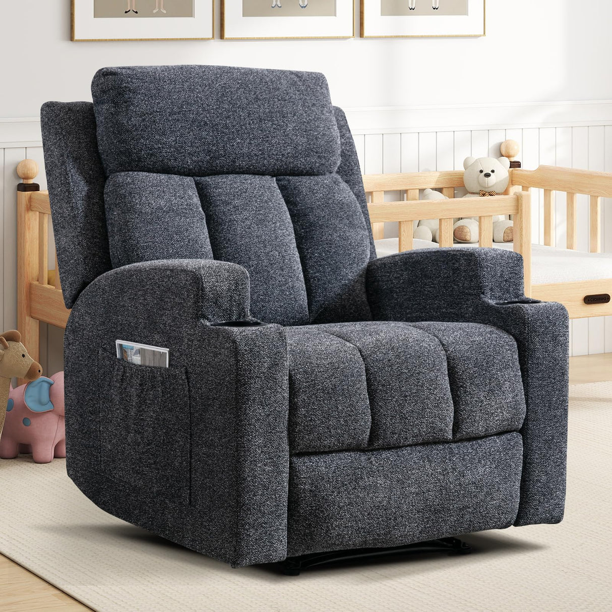 CANMOV Manual Recliner Chair with Massage and Heat,Soft Fabric Recliner Chair with Overstuffed Arm and Back, Manual Reclining Single Sofa with 2 Cup Holders, Side Pocket for Living Room,Dark Grey CANMOV