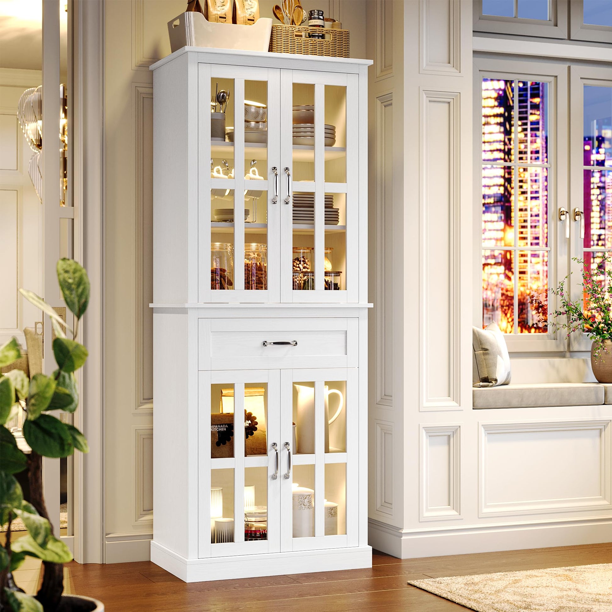 FOTOSOK 71'' Kitchen Pantry Cabinet, Tall Kitchen Cabinet Pantry Cabinet with Glass Doors and Drawer, Freestanding Food Pantry Kitchen Hunch with - WoodArtSupply